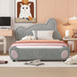 Full Size Velvet Platform Bed with Bear-Shaped Headboard, with Bed-End Storage Pocket, Gray