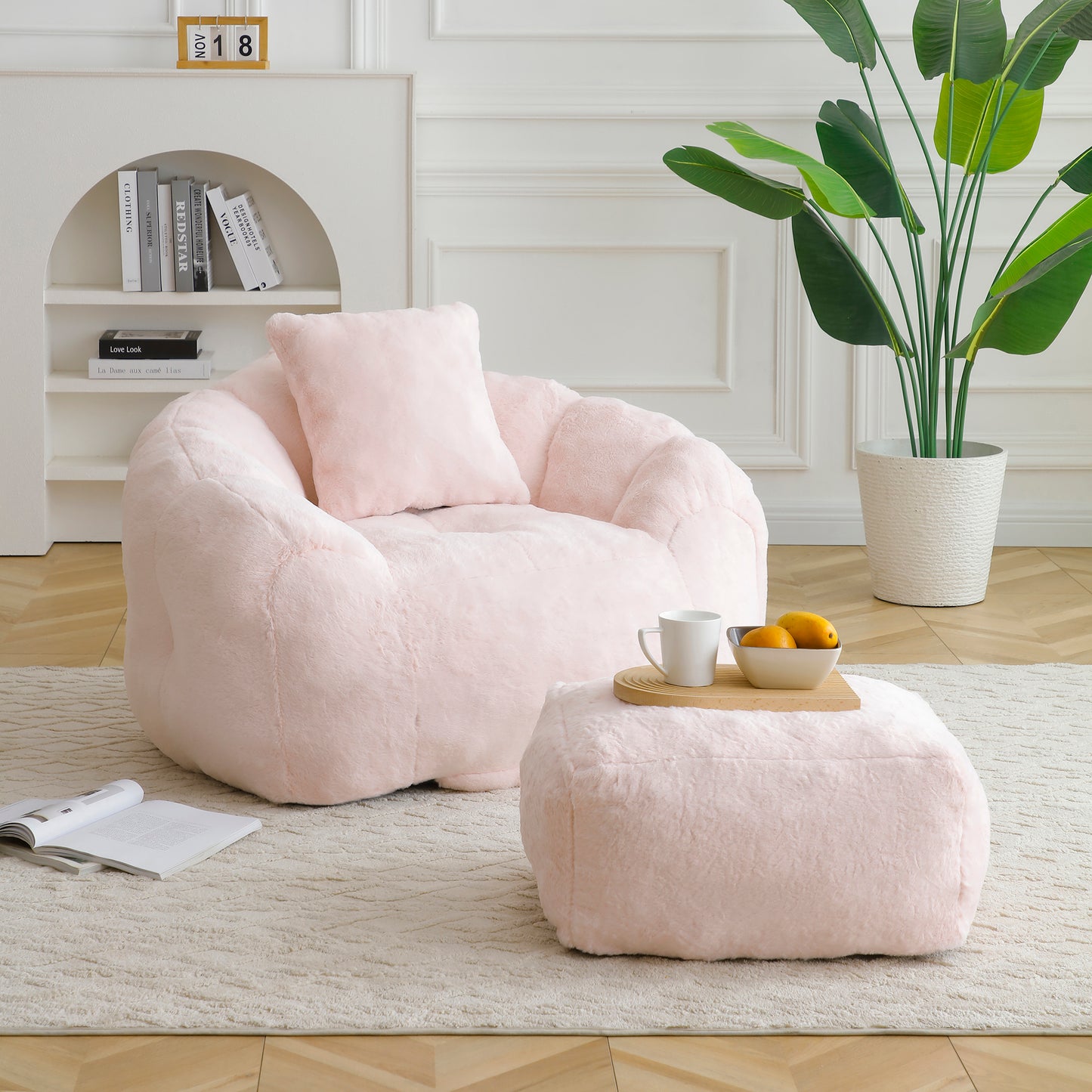 Giant Bean Bag Chair withFootstool, Oversized Bean Bag  for Adults and Kids, Faux Fur Shell-Shaped Large Chair with Filler, Stuffed Big Accent Sofa,  Floor Sofa for Gaming,Reading Living Room Bedroom