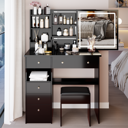 37' Middle Size Left Drawer Desktop Vanity Table + Cushioned Stool, Large Sliding, Touch Control, Tri-color Switching, Brightness Adjust LED Mirror, High Capacity Storage, Suitable for Large Space