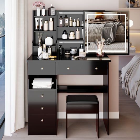 37' Middle Size Left Drawer Desktop Vanity Table + Cushioned Stool, Large Sliding, Touch Control, Tri-color Switching, Brightness Adjust LED Mirror, High Capacity Storage, Suitable for Large Space