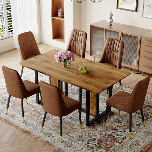Table and chair set.67'x36' Wood-Textured MDF Dining Table Set with 6 Brown Suede Chairs.MDF sticker,Wood colored texture sticker,Brown armless dining chair,Suitable for kitchen,Dining room,etc.