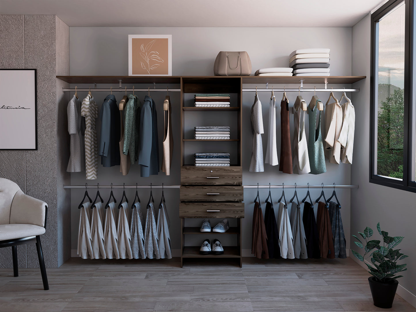Closet System 69'W - 118'W, Four Hanging Rods, Three Drawers, Five Shelves, Dark Walnut