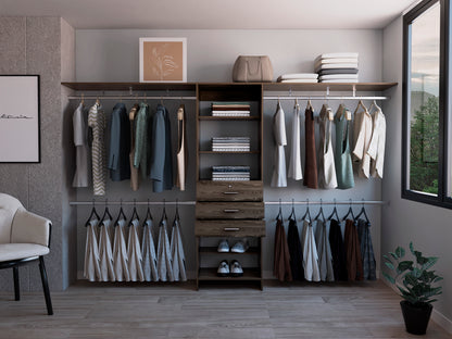 Closet System 69'W - 118'W, Four Hanging Rods, Three Drawers, Five Shelves, Dark Walnut