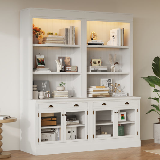 83.4'Tall Bookshelf Suite with LED Lighting, Modern Bookcases with Glass Doors and Drawers,2-Piece Set Storage Bookcase Suite with Open Shelves for Living Room,Home Office,White
