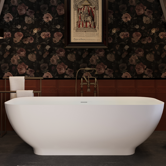 67' Freestanding Solid Surface Bathtub, Luxury Engineered Stone Resin Freestanding Soaking Bathtub with Overflow and Pop-up Drain for Contemporary Bathroom, Matte White 22S04-67-2
