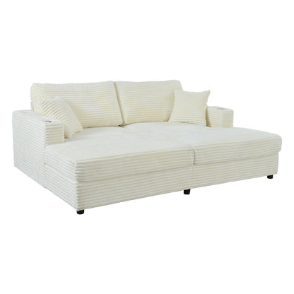 Oversized Loveseat Chaise Lounge Sectional Sofa Bed with USB Ports, Cup Holders, and Throw Pillows, Beige Corduroy