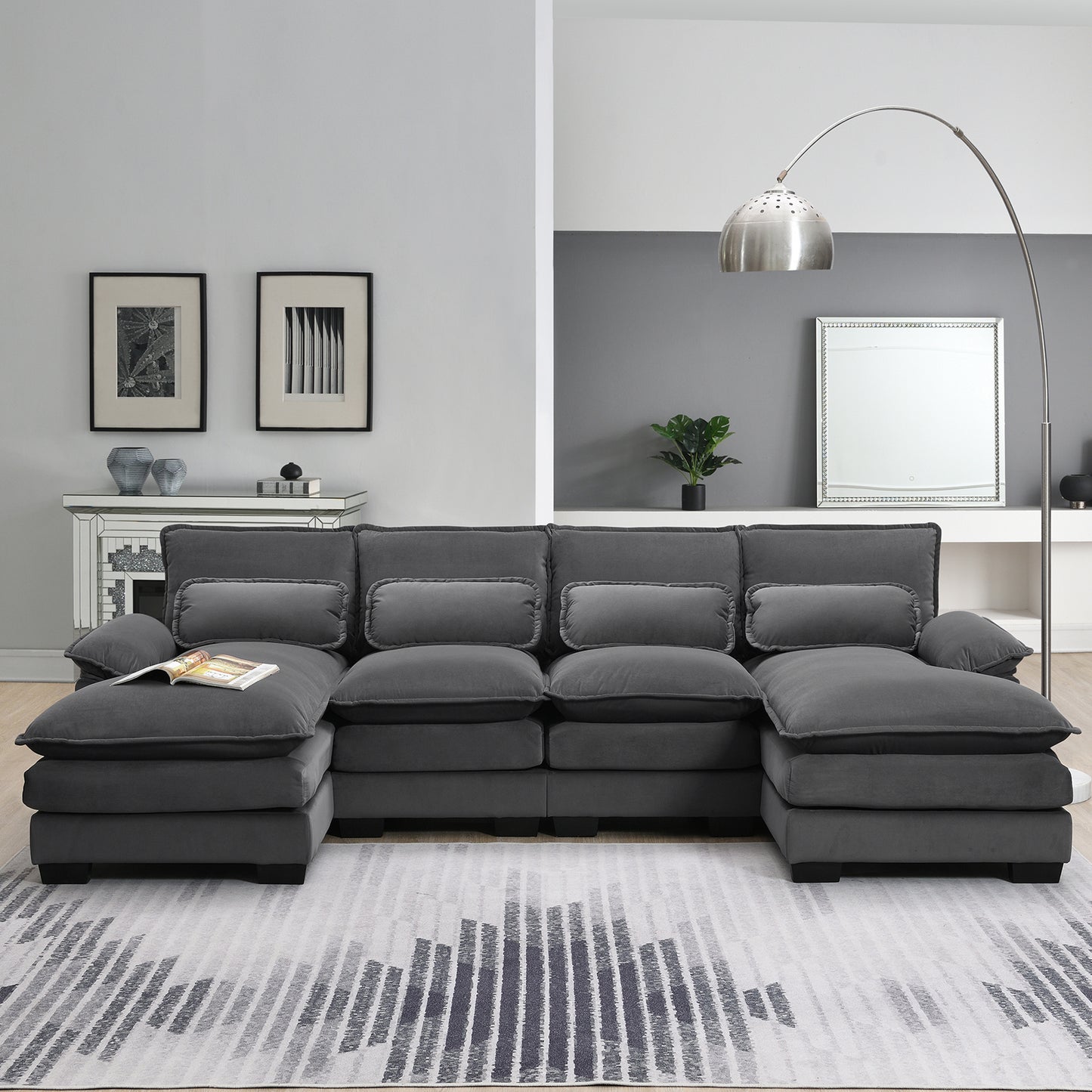 [VIDEO provided][New]109.8*55.9' Modern U-shaped Sectional Sofa with Waist Pillows,6-seat Upholstered Symmetrical Sofa Furniture,Sleeper Sofa Couch with Chaise Lounge for Living Room,Apartment,5 Color