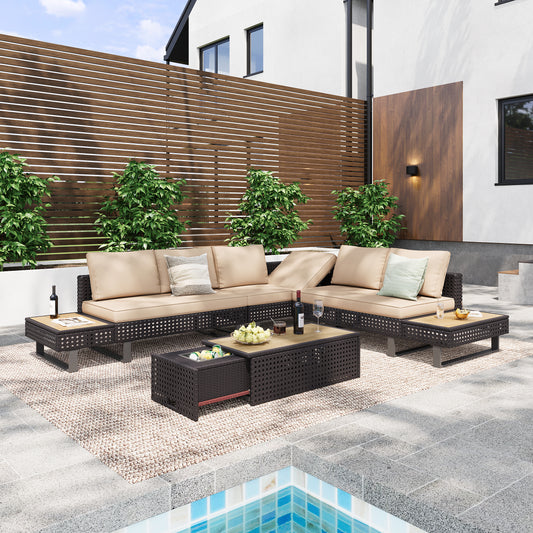 K&K 6-Pers Diamond Weave Patio Sectional Furniture Set with Extendable Coffee Table with Ice Bucket, Collapsible Seat,Conversation Set with Side Table and Deep Cushions for Couch,Porch, Backyard-Khaki