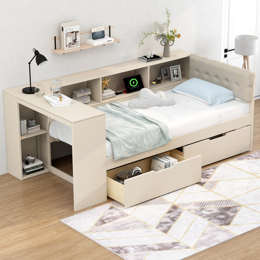 Wood Twin Size Platform Bed with Storage Shelves, Drawers, Charging Station and Upholstered Headboard, Cream