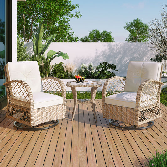 3-piece Outdoor Chair&Table Set Chat Set 2-person Rattan Seating Group with Two Two Swiveling and Rocking Chairs and a Square Table for Garden, Patio, or Balcony, Natural