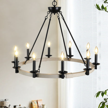 32' Rustic Farmhouse 10-Light Candle Chandelier, Black Metal and Wood Round Hanging Light Fixture for Dining Room, Kitchen, Living Room, Adjustable Height, E12 Bulb Base (No Bulbs)