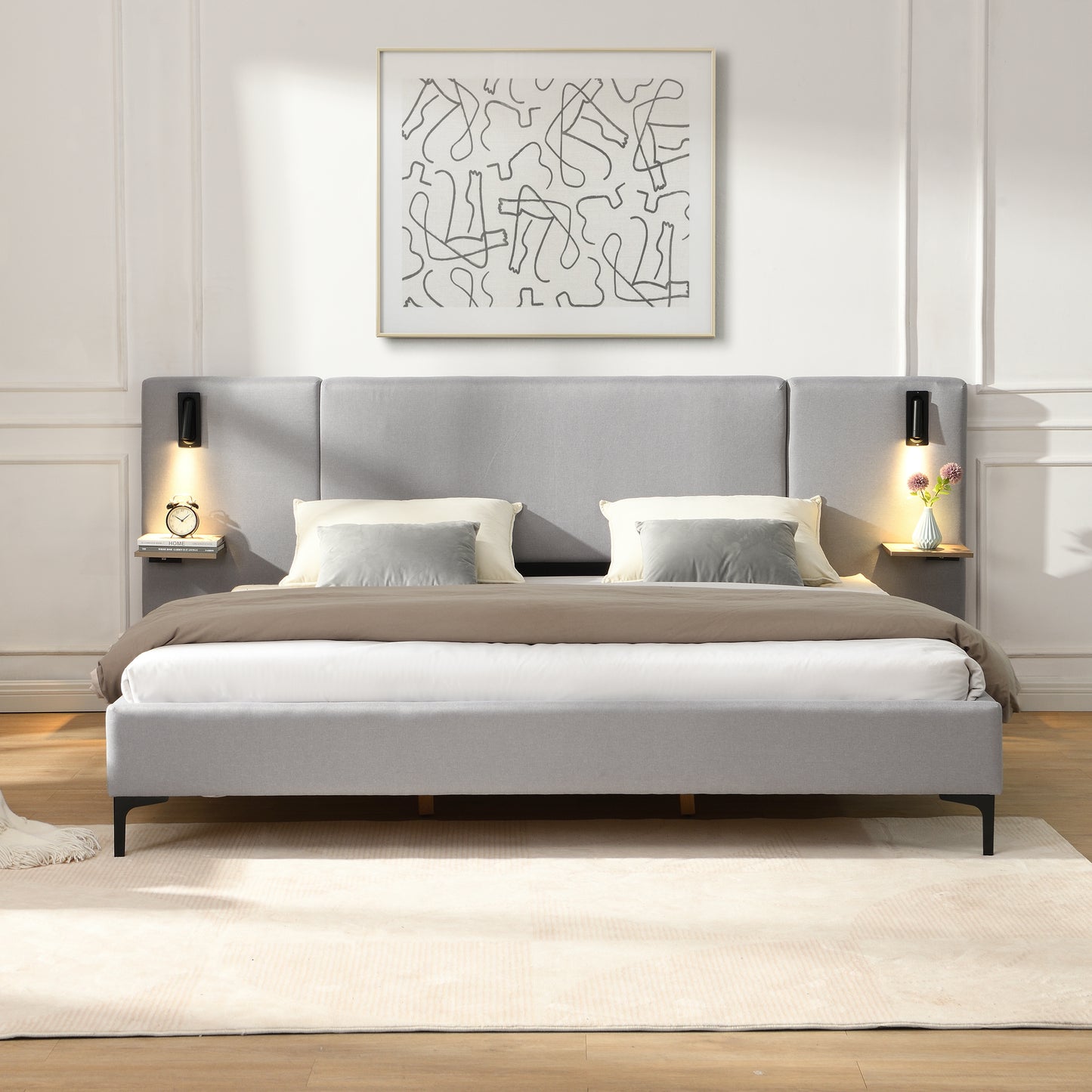 Chic Linen Upholstered Bed with Integrated Lights and Shelves, Grey, King