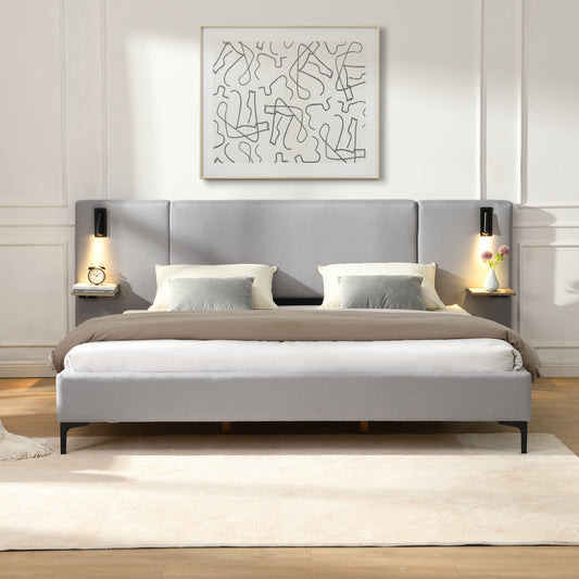 Chic Linen Upholstered Bed with Integrated Lights and Shelves, Grey, King