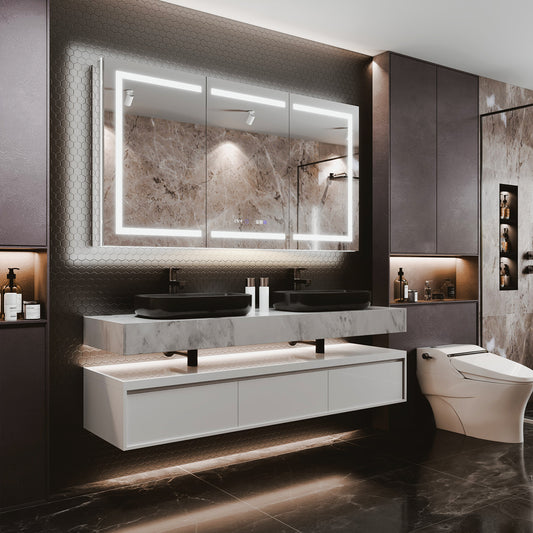 Smart LED Medicine Cabinet with GFCI Outlet & Blum Hinges, Built-in High-Power , 66*36inch , Stepless Dimming & Anti-Fog  Integrated Design  Multifunctional Bathroom Storage