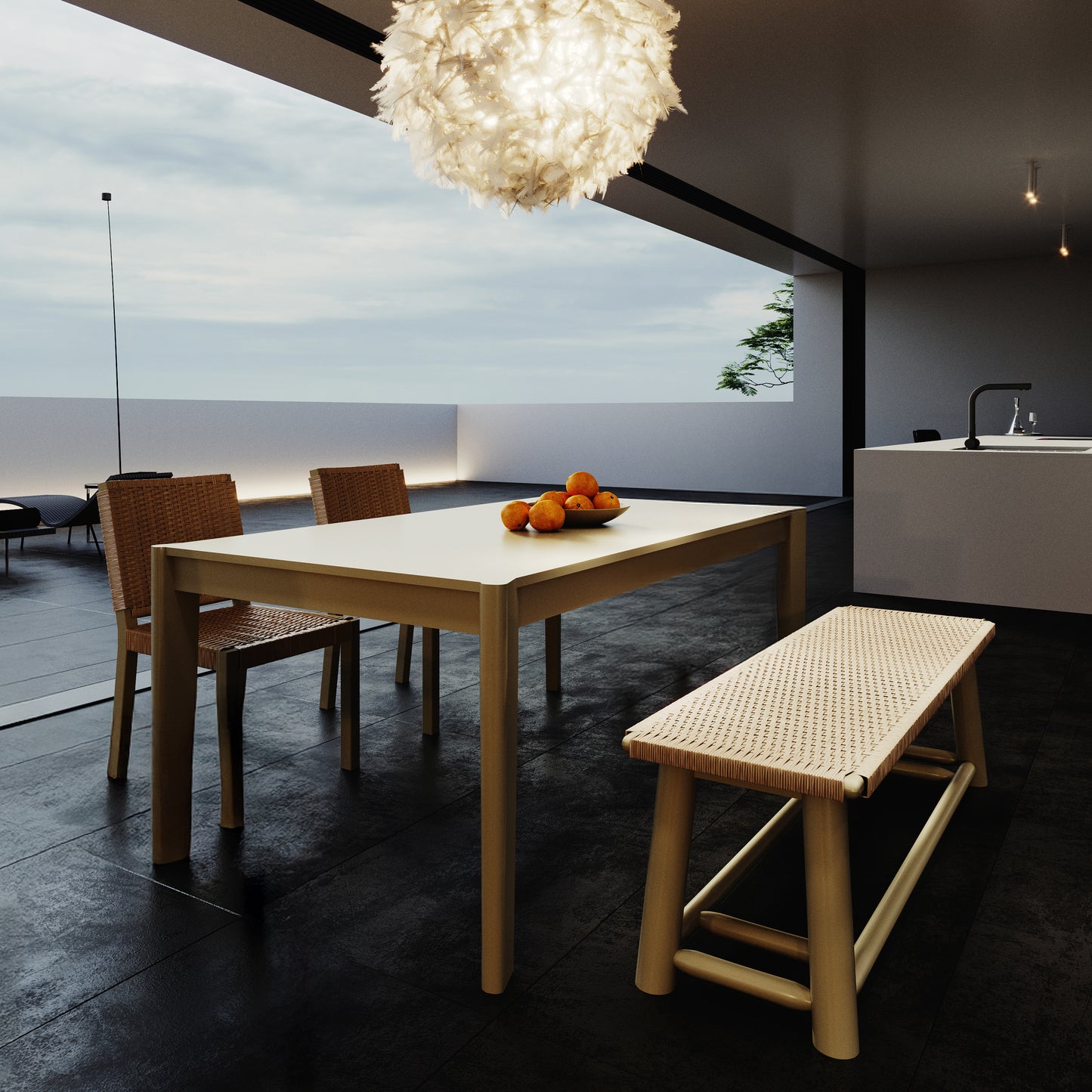 Modern Farmhouse Extendable Dining Table Set with Solid Wood Rattan Chairs – Expandable 59' to 73' for 4-8 Guests in  Champagne