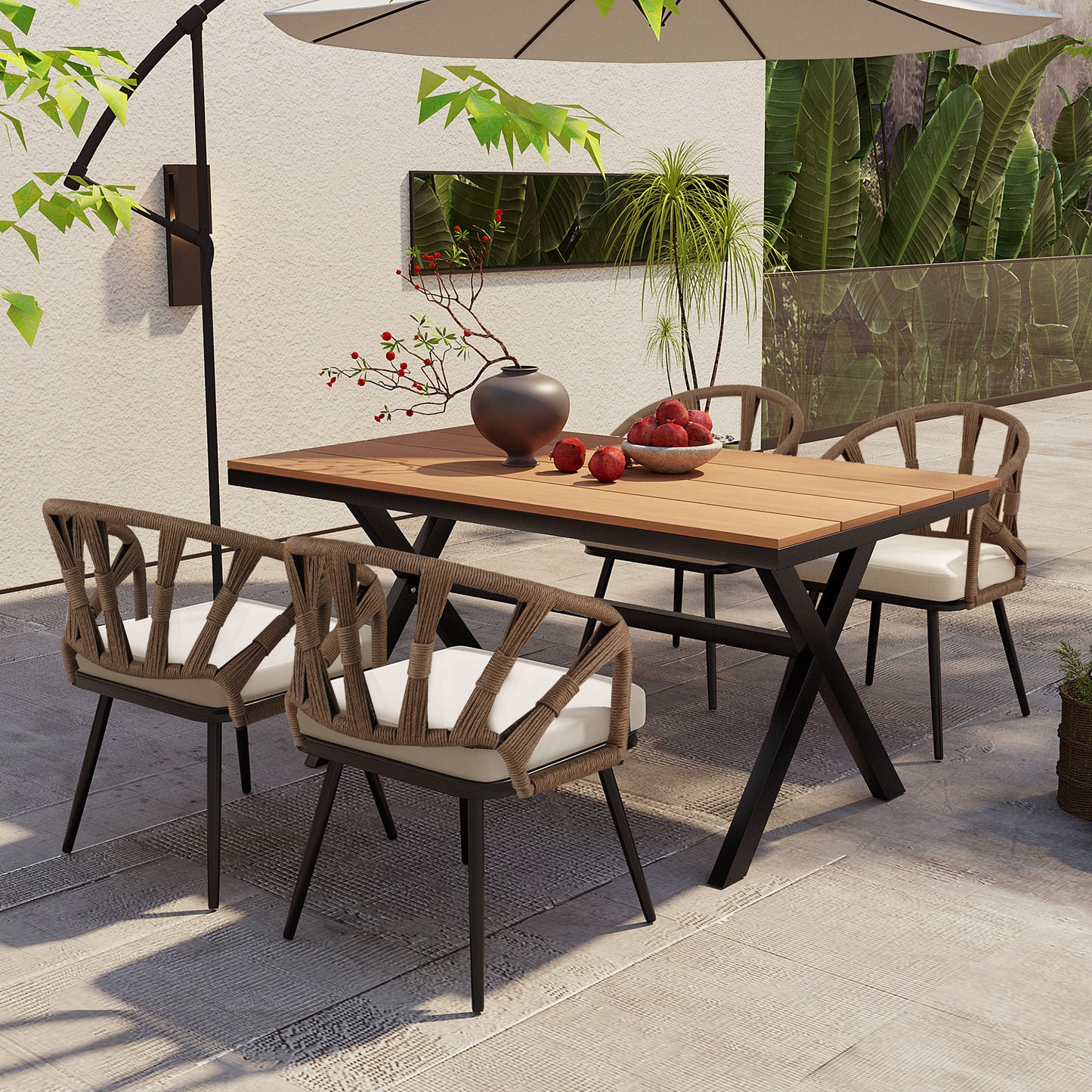 U_Style Contemporary Outdoor Set with PE Rattan Chairs and Plastic Wood Table,Suitable for Gardens and Lawns