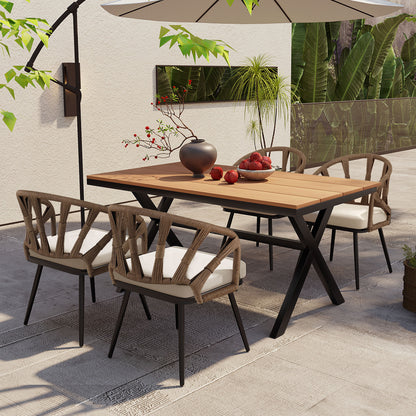 U_Style Contemporary Outdoor Set with PE Rattan Chairs and Plastic Wood Table,Suitable for Gardens and Lawns