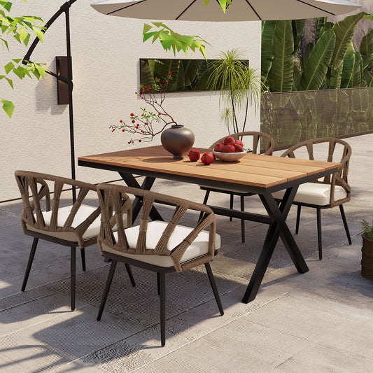 U_Style Contemporary Outdoor Set with PE Rattan Chairs and Plastic Wood Table,Suitable for Gardens and Lawns