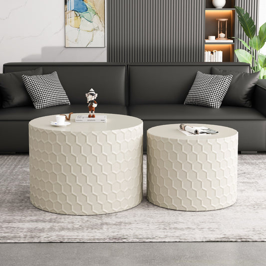 Stylish and Minimalist Nesting Coffee Table Set with Honeycomb Design, Modern Round Coffee Table, Drum Circle Coffee Table  for Living Room, Bedroom, Beige(Set of 2 Pieces)