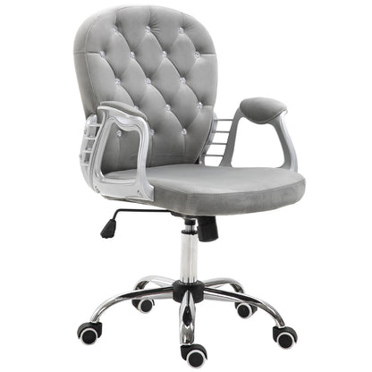 Velvet Home Office Chair, Button Tufted Desk Chair with Padded Armrests, Adjustable Height and Swivel Wheels, Gray