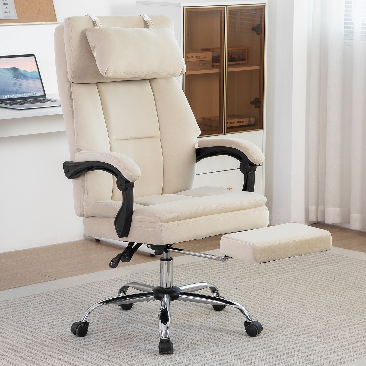 Office Chair, Big and Tall Executive Office Chair with Footrest & Removable Headrest, High Back Ergonomic Computer Desk Chair Work Chair With Comfortable Frosted Velvet (Beige)
