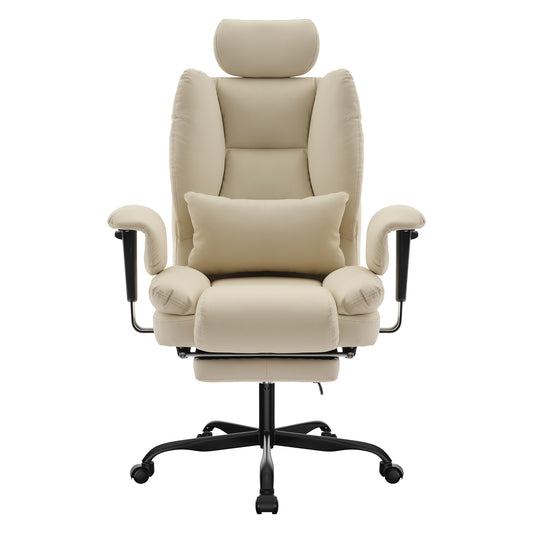 Office Chair Ergonomic 200 kg PU Leather Computer Chair with Lumbar Support and High Backrest, Ergonomic Desk Chair with Liftable Headrest, Beige