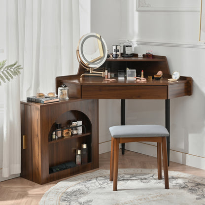 Corner Makeup Vanity Desk With Mirror & LED Lights, Modern Vanity Set With Mirror And Stool, Dressing Table With Large Storage For Small Place, Brightness Adjustable Folding Mirror, Walnut