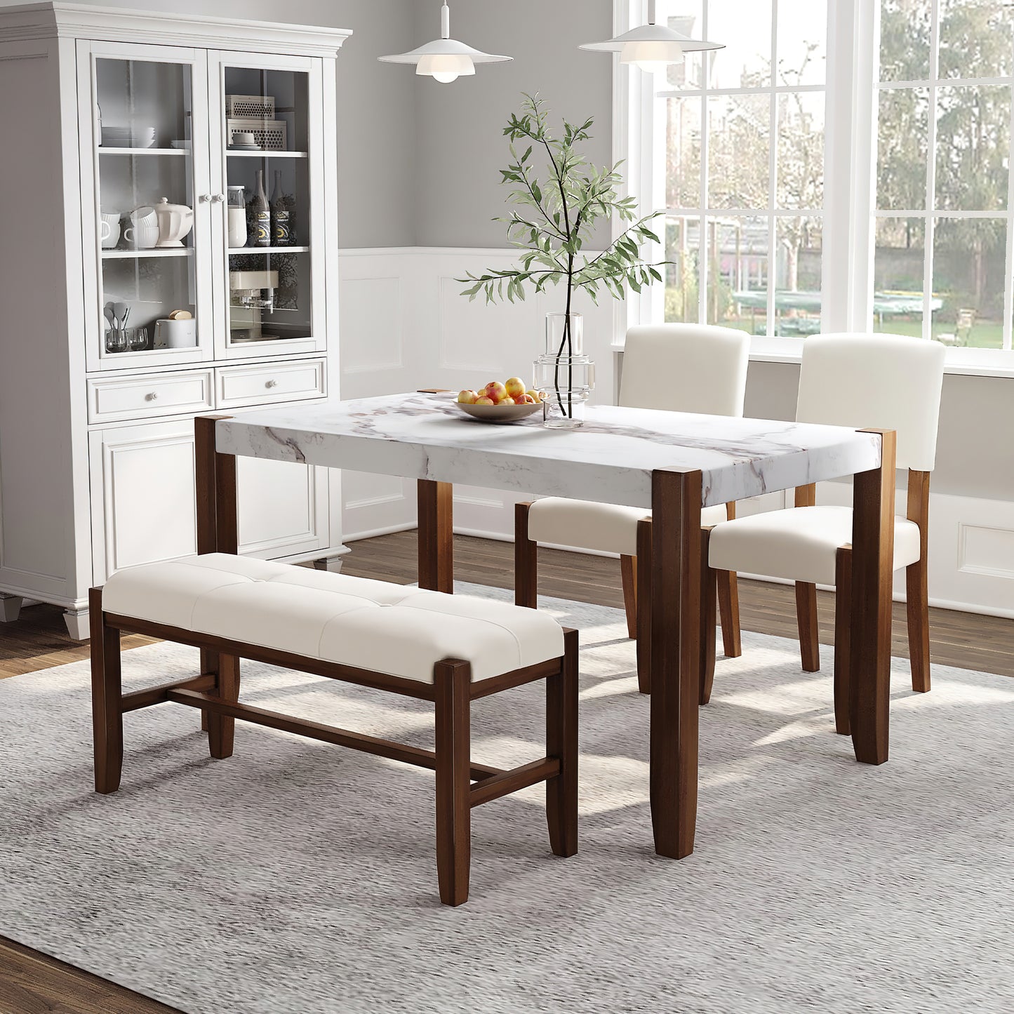 4-Piece Modern Dining Furniture Set, 4-Person Space-Saving Dinette for Kitchen, 46' Faux Marble Style Table and 2 Upholstered Chairs & Bench with Wood Legs