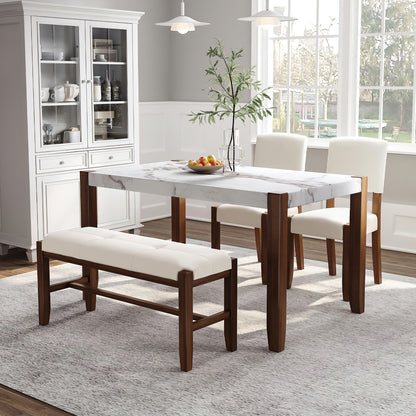 4-Piece Modern Dining Furniture Set, 4-Person Space-Saving Dinette for Kitchen, 46' Faux Marble Style Table and 2 Upholstered Chairs & Bench with Wood Legs