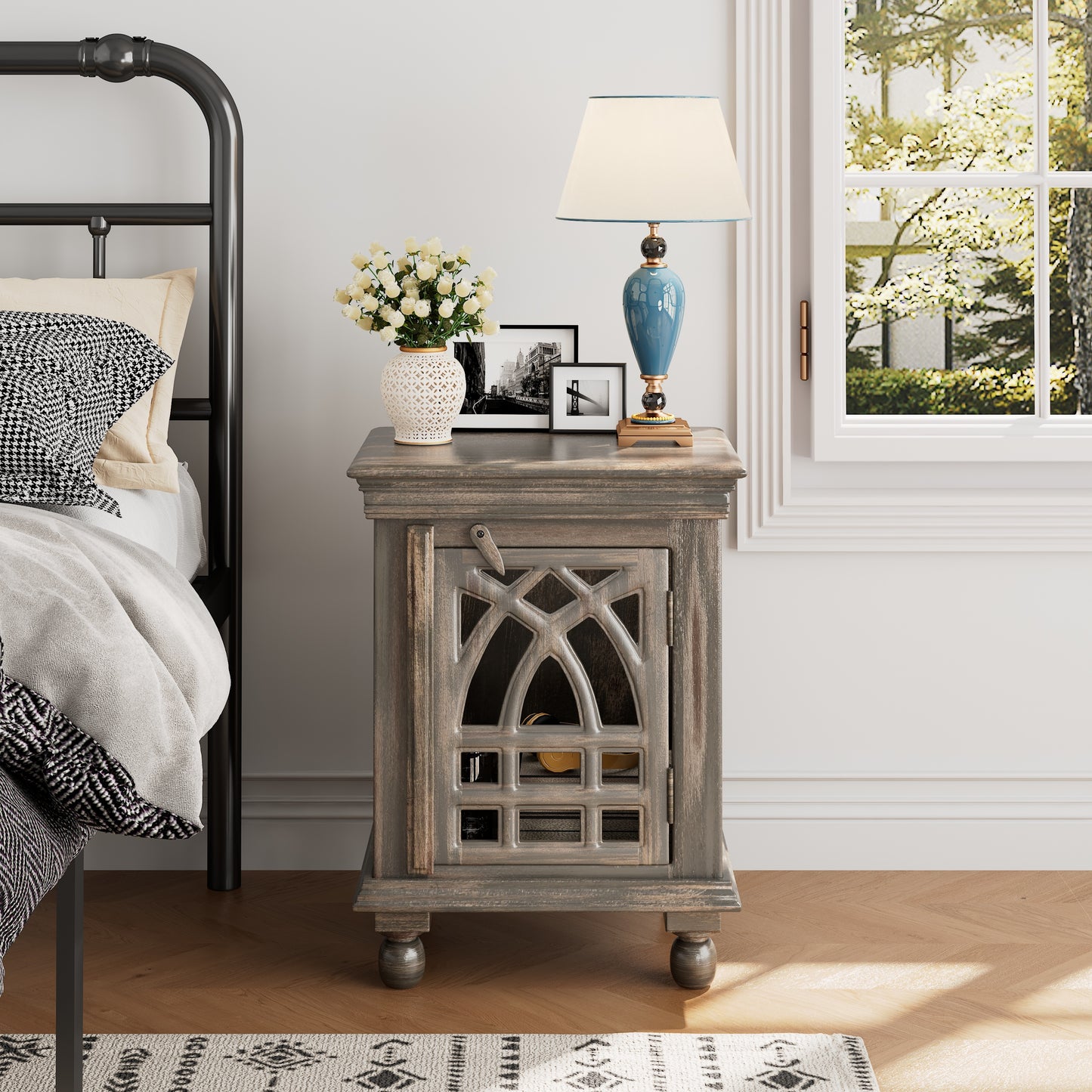 Antique Grey Wood Nightstand