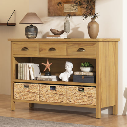 TREXM Retro Console Table with 3 Storage Drawers, Entryway Table with 3 Water Hyacinth Woven Baskets,Wooden Accent Sofa Table Buffet Cabinet for Entryway, Hallway and Living Room (Natural)