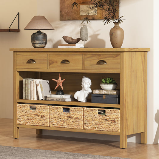 TREXM Retro Console Table with 3 Storage Drawers, Entryway Table with 3 Water Hyacinth Woven Baskets,Wooden Accent Sofa Table Buffet Cabinet for Entryway, Hallway and Living Room (Natural)
