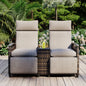 GO Patio Recliner Loveseat Chair, Adjustable Backrest Wicker Outdoor Lounge Chair Set with Acacia Wood Armrests and Built-in Storage Table for Balcony, Porch, Lawn, Brown