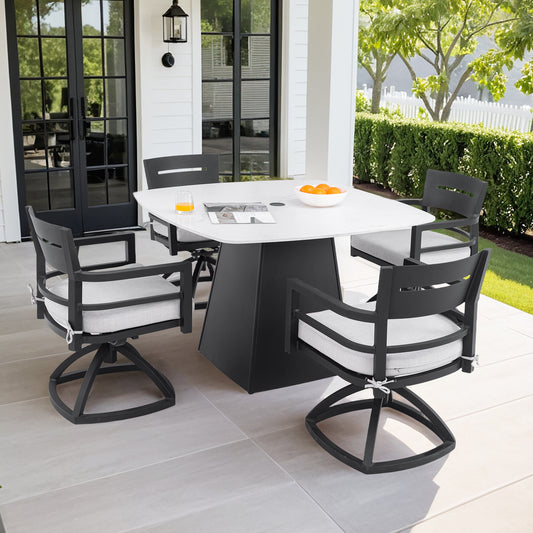 Modern 5PC Outdoor Patio Dining Set,Squircle 44'x44' Dining Table with Greek White Marble-Inspired Sintered Stone Top,Flared Pyramid Aluminum Base,Ember Black, 4 Swivel Rockers with Sunbrella Cushions
