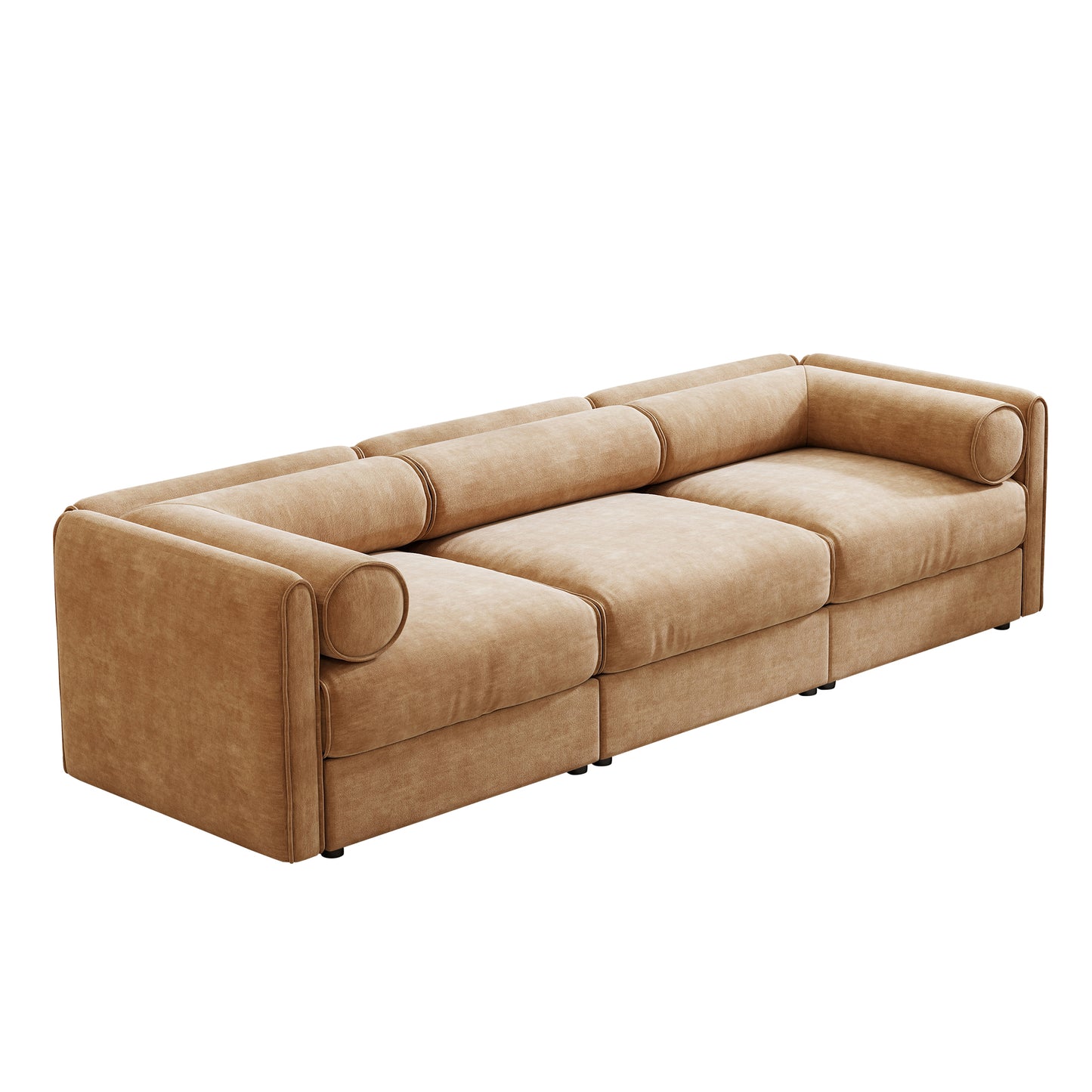 Elegant Camel Chenille Sofa with Storage Seat, Cylindrical Backrest and Armrests, Contemporary 3-Seater Fabric Couch