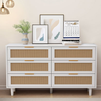 51.18'6-Drawers Rattan Storage Cabinet Rattan Drawer,for Bedroom,Living Room,White (Same SKU:W757P174986)