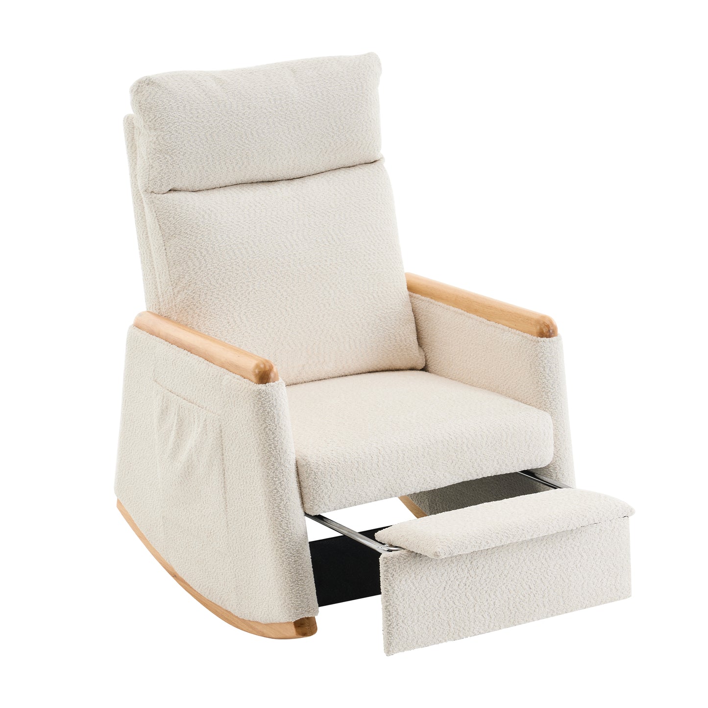 Accent Rocking Chair with Footrest High Back Rubber Wood Rocking Legs Beige Upholstered 38.6D X 26.8W X 40.6H Inch