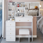 37' Middle Size Left Bedside Cabinet Vanity Table + Cushioned Stool, Extra Large Right sliding mirror, Multi Layer High Capacity Storage, Practical Fashionable Dresser, Suitable For Large Space