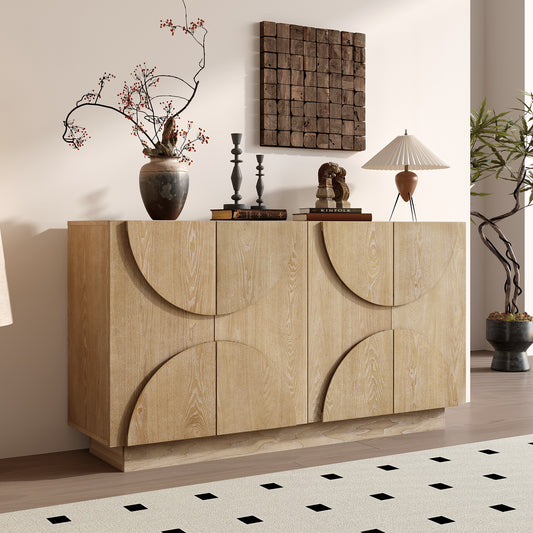TREXM 4-Door Large Storage Sideboard, Wood Sideboard Cabinet with Semi-Circular Handles and Adjustable Shelves for Dining Room, Kitchen, and Living Room (Natural)