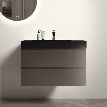 Alice 36' Gray Bathroom Vanity with Sink, Large Storage Wall Mounted Floating Bathroom Vanity for Modern Bathroom, One-Piece Black Sink Basin without Drain and Faucet, Pre-assembled