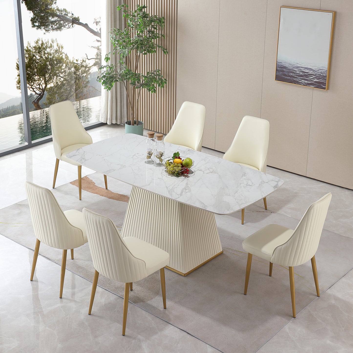 71' Contemporary Dining Table Sintered Stone Square Pedestal Base with 6 pcs Chairs .