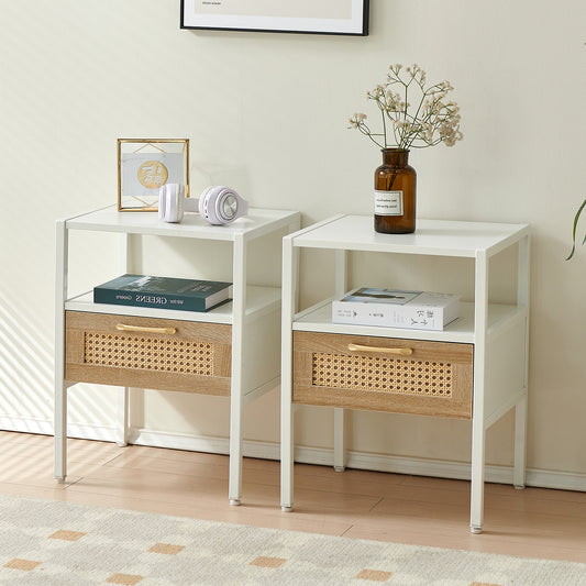 Set of 2, 15.75' Rattan End table with  drawer, Modern nightstand, metal legs,side table for living room, bedroom,white