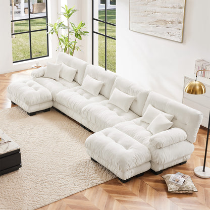 Free Combination Modular Sectional Sofa,U Shaped Couch for Living Room, 4-Seater Comfy Cloud Couch with 2 Ottomans, Chenille White