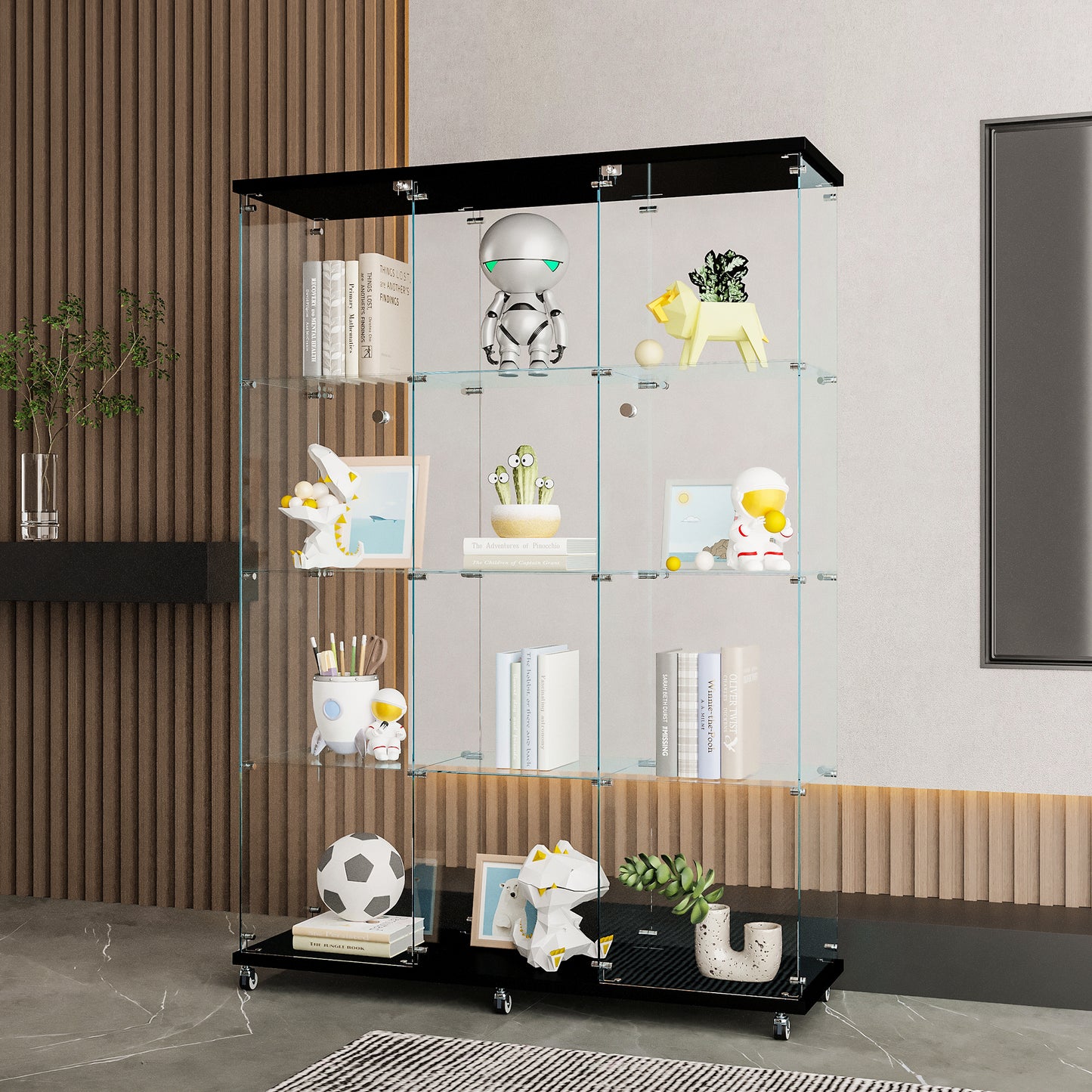 Glass Display Cabinet with 4 Shelves Extra Large, Curio Cabinets for Living Room, Bedroom, Office, Black Floor Standing Glass Bookshelf, Quick Installation