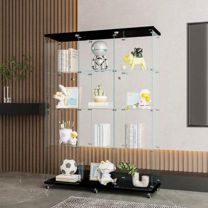 Glass Display Cabinet with 4 Shelves Extra Large, Curio Cabinets for Living Room, Bedroom, Office, Black Floor Standing Glass Bookshelf, Quick Installation