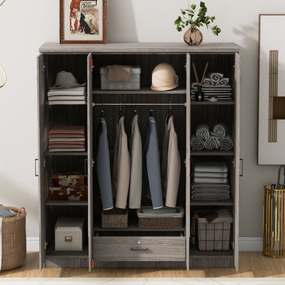 4-Door Mirror Wardrobe with shelves, Gray