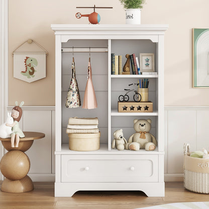 Open children's wardrobe with a hanging rod and open shelves, one large drawer, low design close to the ground for easy access, white.