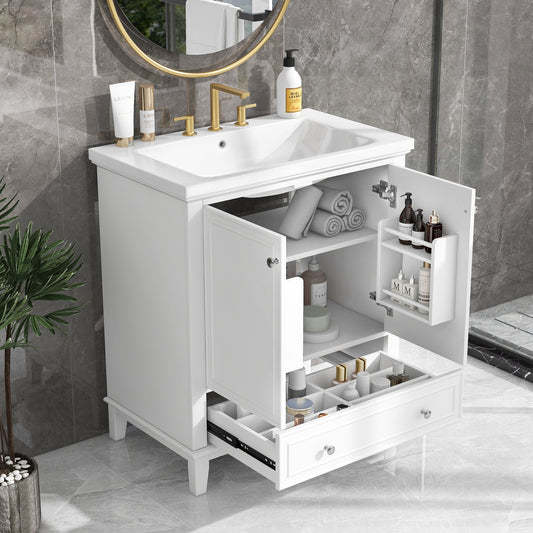 30' Bathroom Vanity with Sink Combo, Multi-functional Bathroom Cabinet with Doors and Drawer, Solid Frame and MDF Board, White