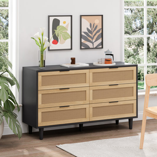 51.18'6-Drawers Rattan Storage Cabinet Rattan Drawer with White Drawer Slides,for Bedroom,Living Room,Black