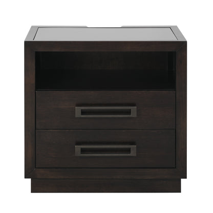 Modern Bedroom Furniture 1pc Nightstand of 2x Drawers LED Light Storage Cubby USB Ports Power Outlets Charcoal Finish Glass Insert Top Stylish Bed-Side Table